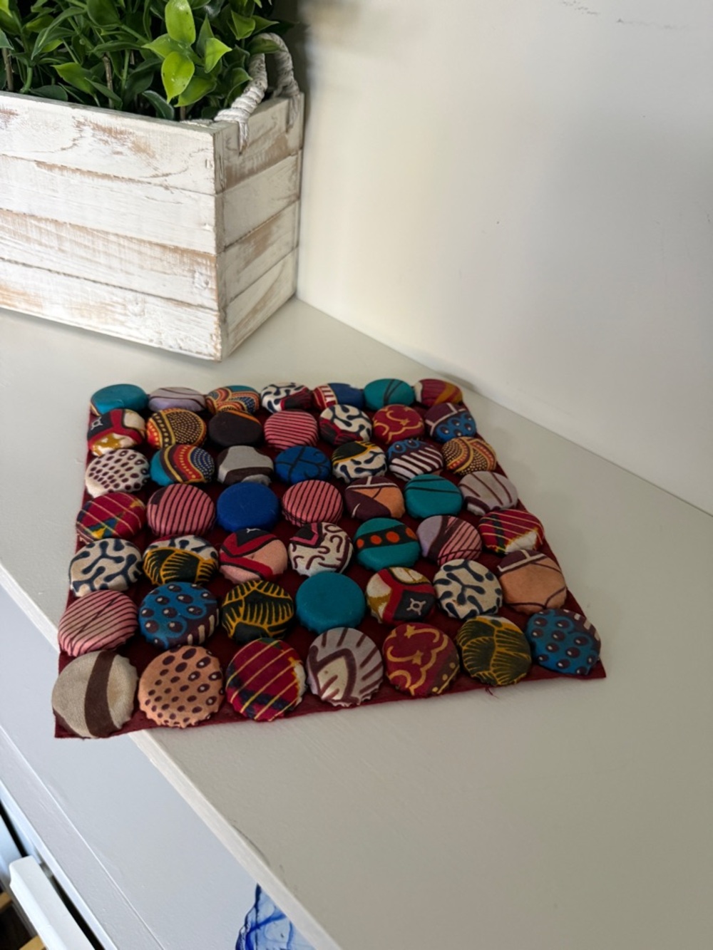 Handmade Fabric Covered Bottle Cap Trivet Features a Primitive, Rustic Design